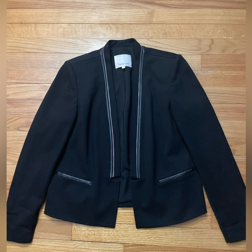Rebecca Taylor Twill and Leather Tuxedo Blazer in Black